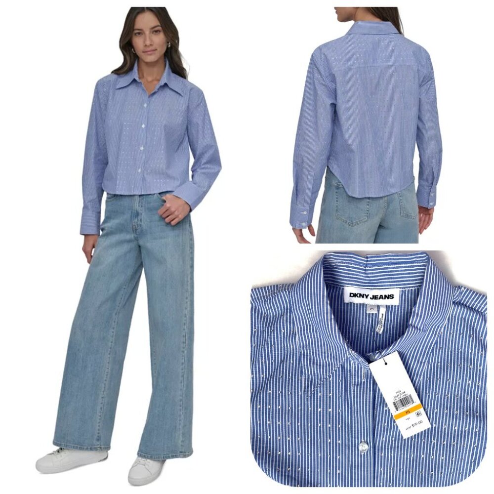 NWT DKNY Studded Rhinestone Striped Poplin Cotton Long-Sleeve Button-Front Shirt